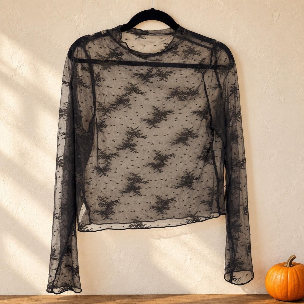Aerie Black Sheer Floral Lace Top — Large
